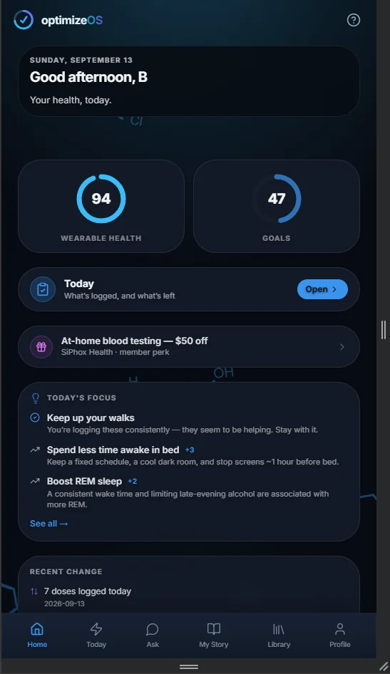 OptimizeOS home screen: Wearable Health score 94, goals progress, and today's focus recommendations