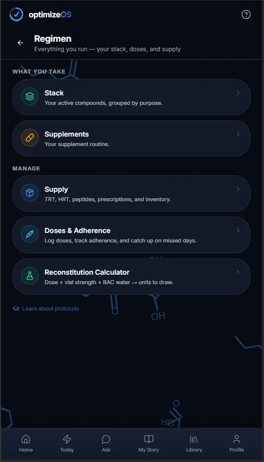 Regimen hub: stack, supplements, supply, doses and adherence, reconstitution calculator